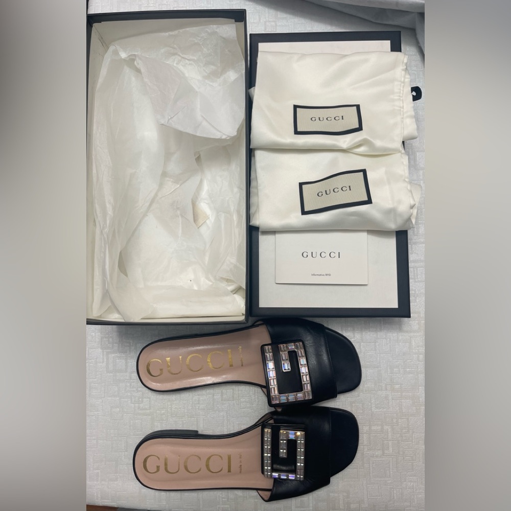 Gucci Crystal G Leather Slides - Picture 2 of 6